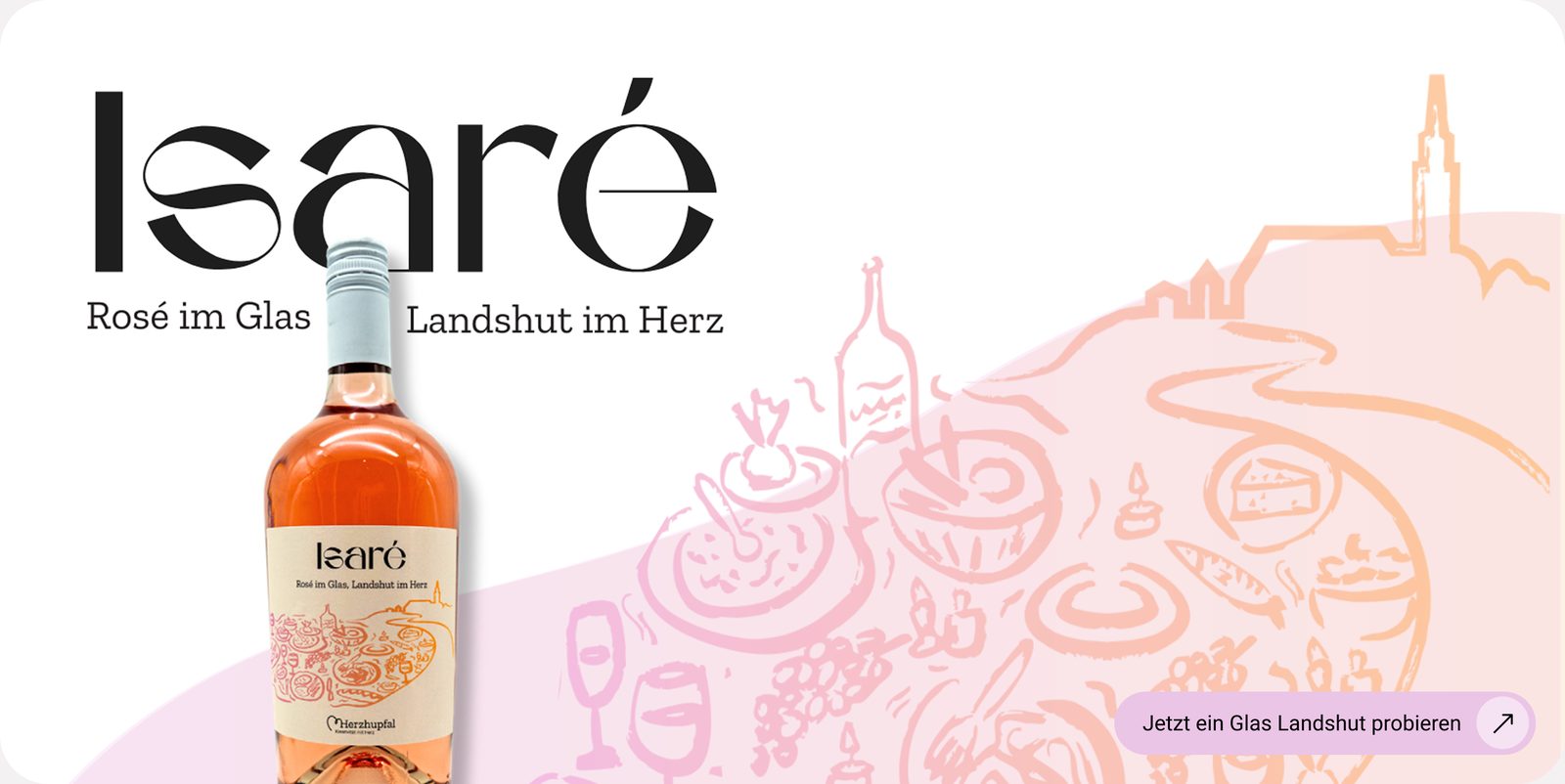 Illustration zur Marke isaro: Roseflasche vor Landshuter Stadtmotiv