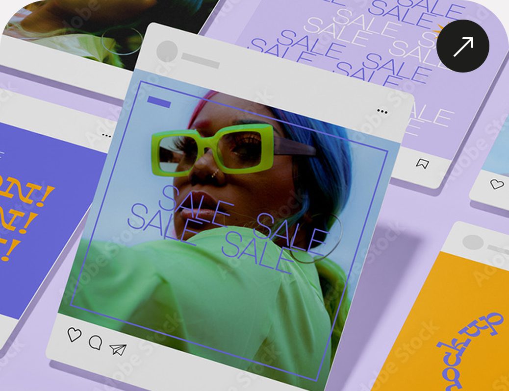 Social-Media-Beitraege als Mockup auf flieder- und gelbfarbenen Flaechen